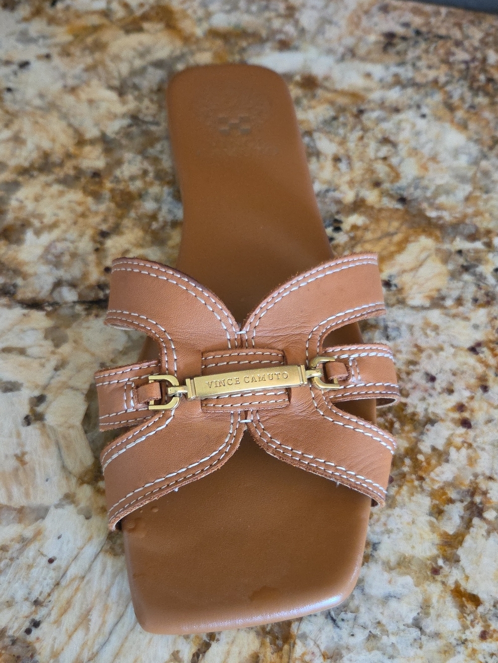 Vince Camuto Tan Leather Slide with Gold Accent